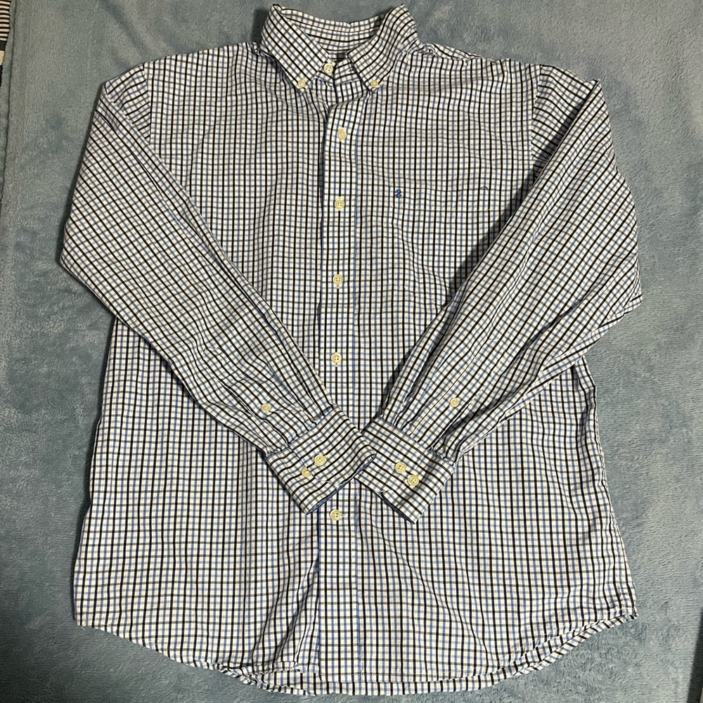 IZOD Men’s Blue and White Plaid Button Down Collared Shirt (Size - M)